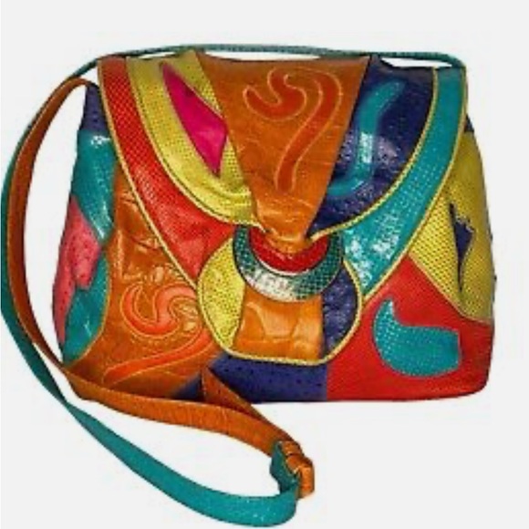 Sharif Vintage Leather Croc Patchwork Embossed 80s crossbody Bag - Picture 3 of 10